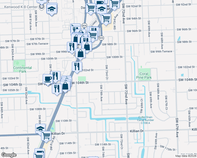 map of restaurants, bars, coffee shops, grocery stores, and more near 7390 Southwest 104th Street in Miami