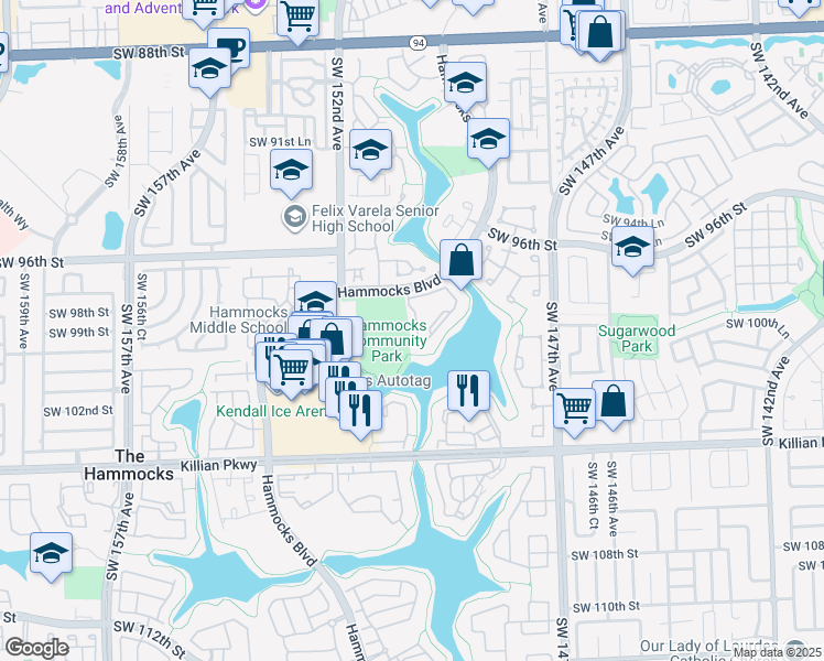 map of restaurants, bars, coffee shops, grocery stores, and more near 151 Hammocks Boulevard in Miami
