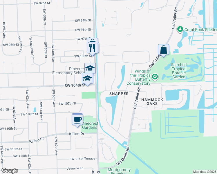 map of restaurants, bars, coffee shops, grocery stores, and more near 10500 Snapper Creek Road in Coral Gables
