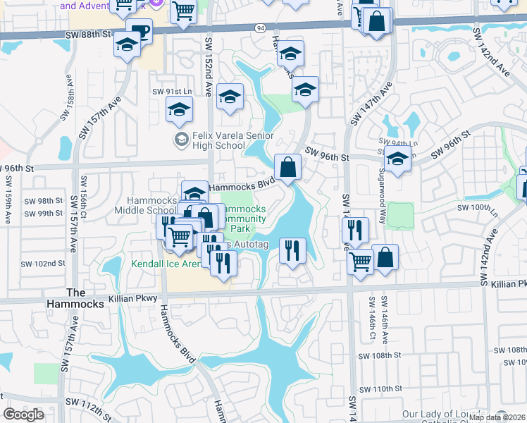 map of restaurants, bars, coffee shops, grocery stores, and more near 9723 Hammocks Boulevard in Miami