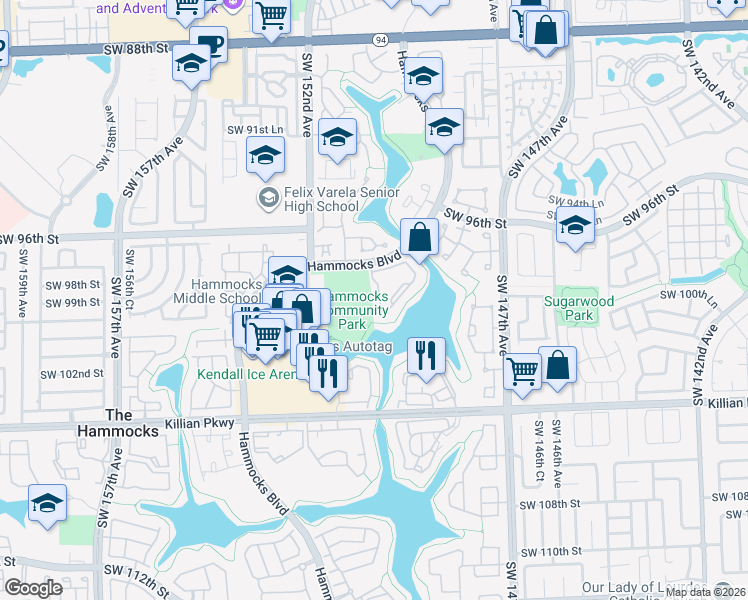 map of restaurants, bars, coffee shops, grocery stores, and more near 151 Hammocks Boulevard in Miami