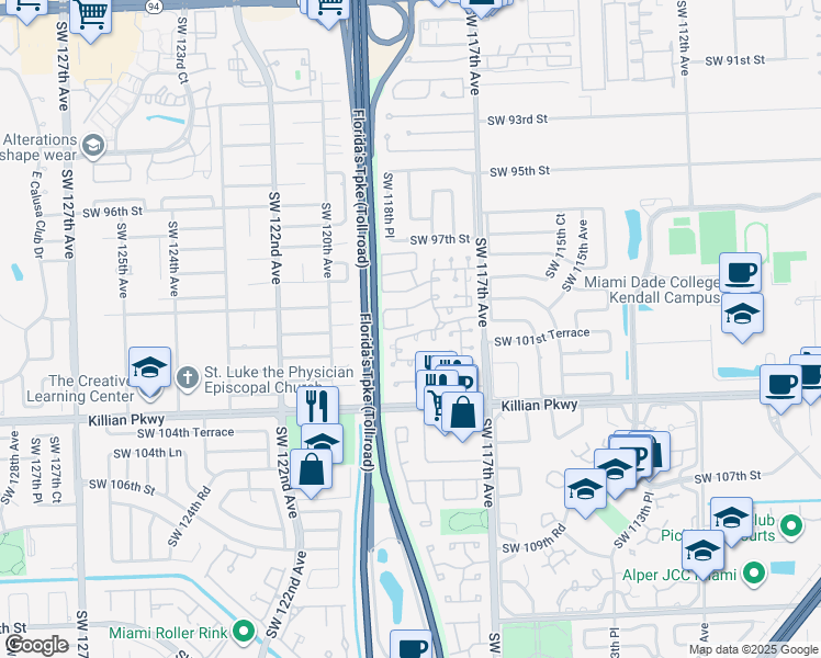 map of restaurants, bars, coffee shops, grocery stores, and more near 11826 Southwest 100th Terrace in Miami