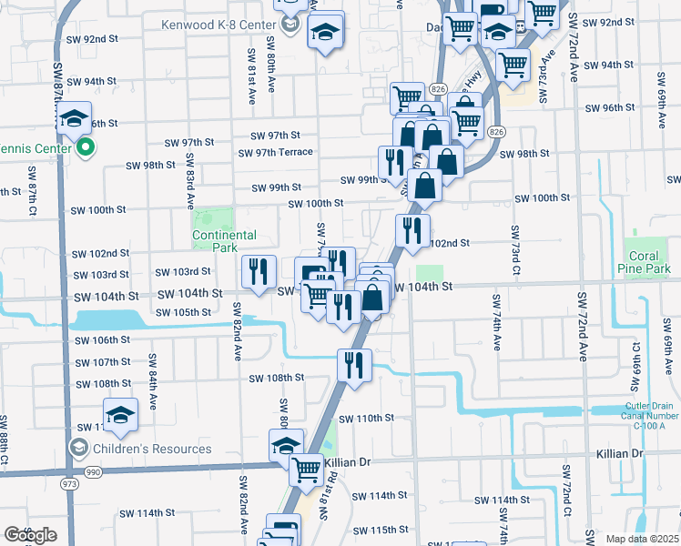 map of restaurants, bars, coffee shops, grocery stores, and more near 7855 Southwest 104th Street in Miami