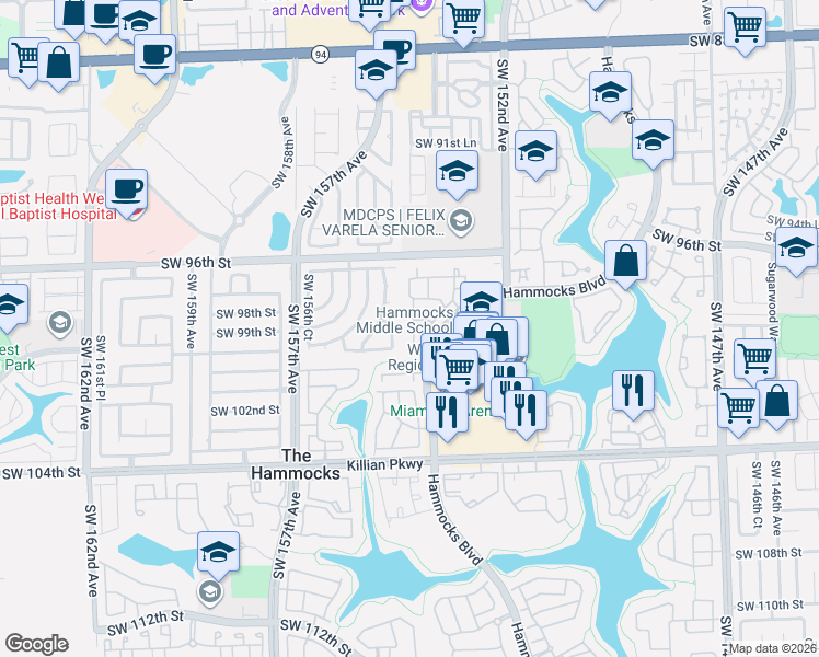 map of restaurants, bars, coffee shops, grocery stores, and more near 9908 Hammocks Boulevard in Miami