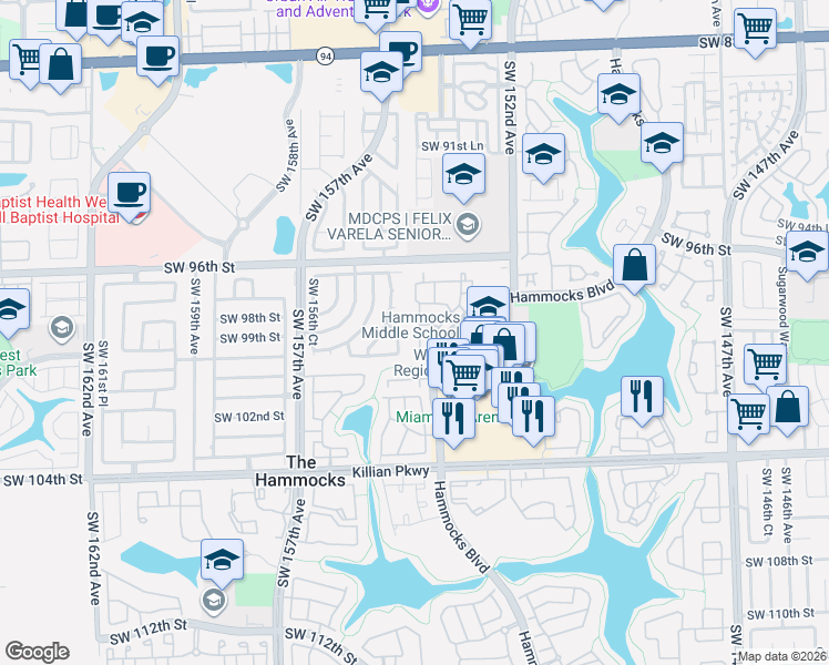 map of restaurants, bars, coffee shops, grocery stores, and more near 9908 Hammocks Boulevard in Miami