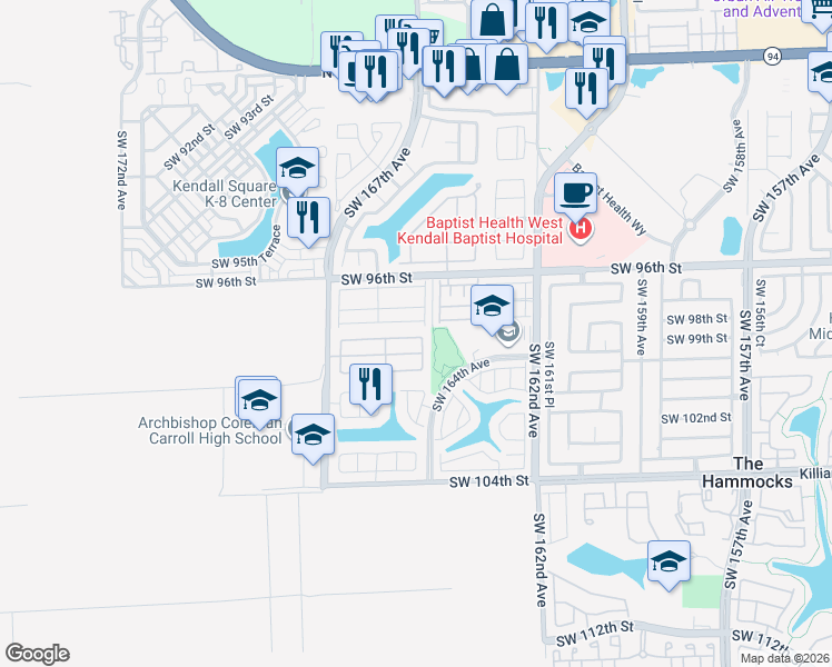 map of restaurants, bars, coffee shops, grocery stores, and more near 9881 Southwest 164th Court in Miami