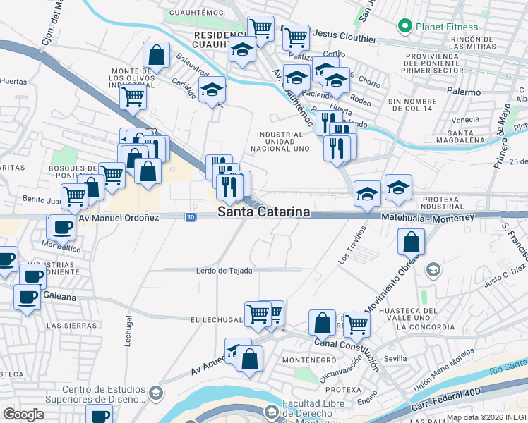 map of restaurants, bars, coffee shops, grocery stores, and more near 802 Francisco Mujica in Santa Catarina