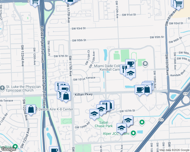 map of restaurants, bars, coffee shops, grocery stores, and more near 11471 Southwest 102nd Street in Miami