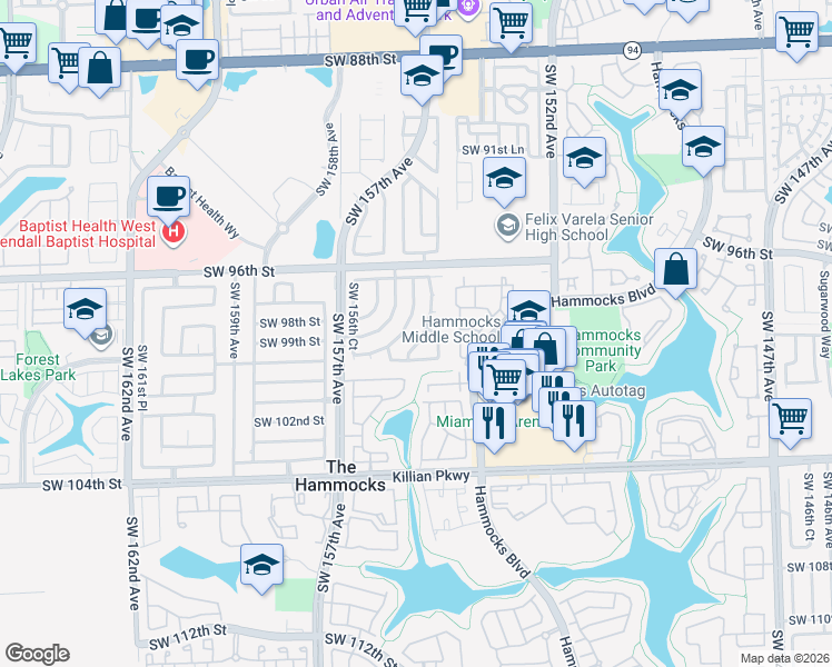 map of restaurants, bars, coffee shops, grocery stores, and more near 15447 Southwest 99th Lane in Miami