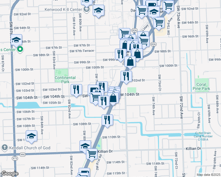 map of restaurants, bars, coffee shops, grocery stores, and more near 10289 Southwest 77th Court in Miami