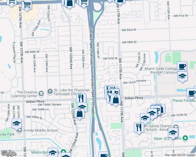 map of restaurants, bars, coffee shops, grocery stores, and more near 9985 Southwest 118th Place in Miami