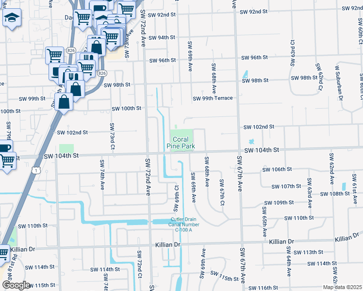 map of restaurants, bars, coffee shops, grocery stores, and more near 6955 Southwest 104th Street in Pinecrest
