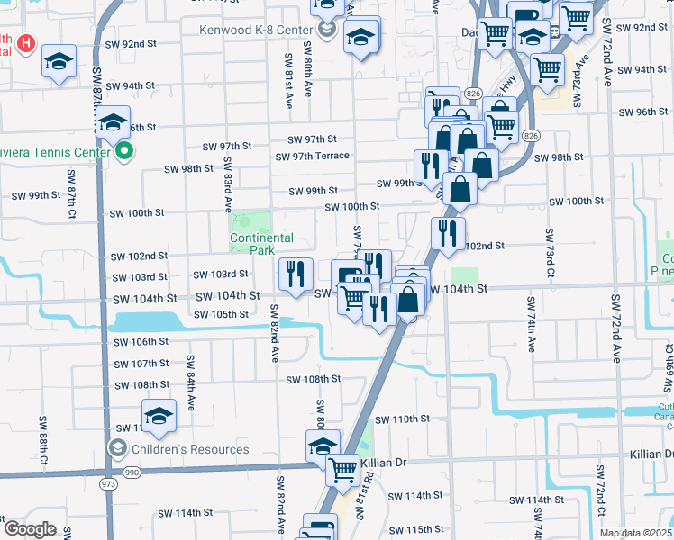 map of restaurants, bars, coffee shops, grocery stores, and more near 7921 Southwest 104th Street in Miami