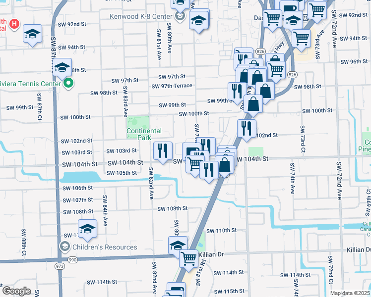 map of restaurants, bars, coffee shops, grocery stores, and more near 7965 Southwest 104th Street in Miami