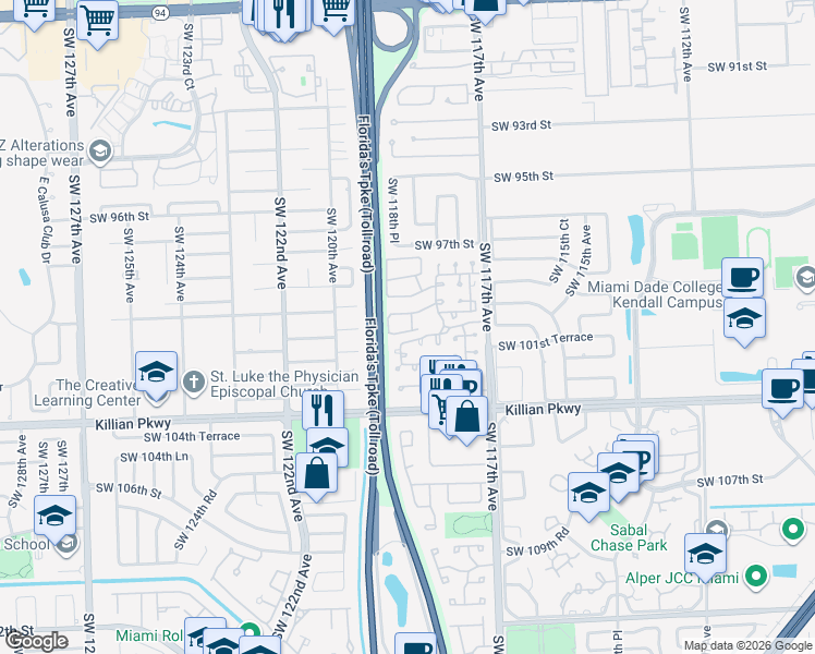map of restaurants, bars, coffee shops, grocery stores, and more near 11858 Southwest 99th Street in Miami