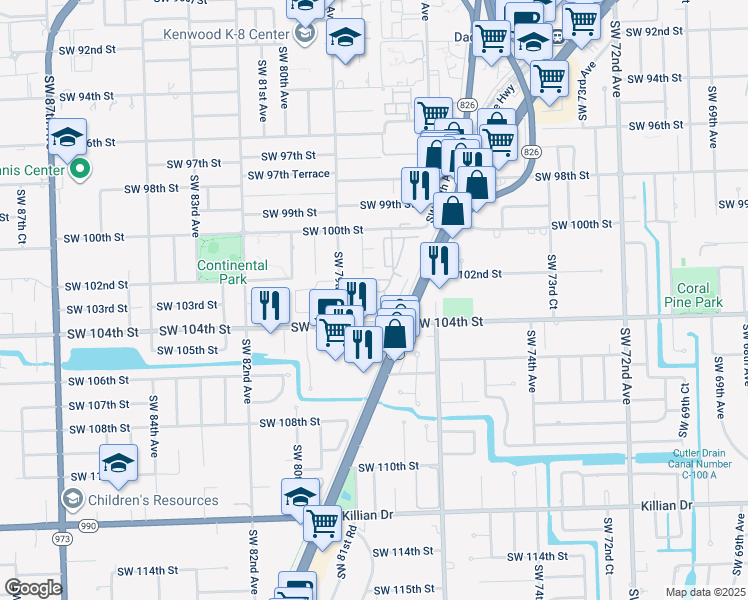 map of restaurants, bars, coffee shops, grocery stores, and more near 7843 Southwest 102nd Lane in Miami