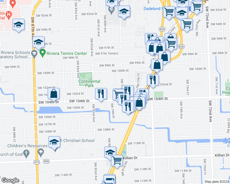 map of restaurants, bars, coffee shops, grocery stores, and more near 7921 Southwest 104th Street in Miami