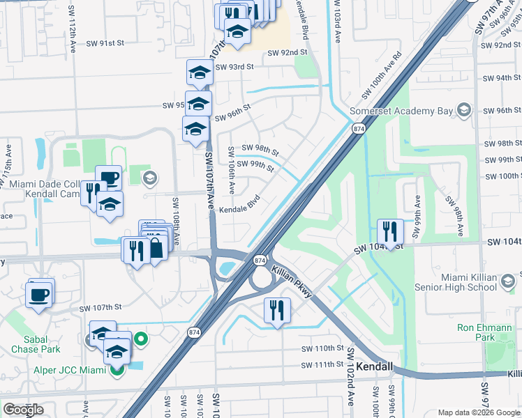 map of restaurants, bars, coffee shops, grocery stores, and more near 10000 Kendale Boulevard in Miami