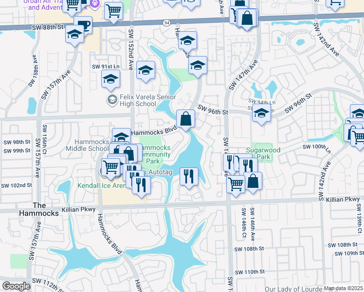 map of restaurants, bars, coffee shops, grocery stores, and more near 9717 Hammocks Boulevard in Miami