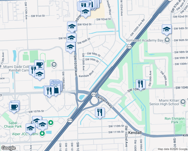 map of restaurants, bars, coffee shops, grocery stores, and more near 10000 Kendale Boulevard in Miami