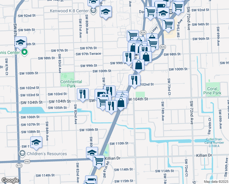 map of restaurants, bars, coffee shops, grocery stores, and more near 7843 Southwest 102nd Lane in Miami
