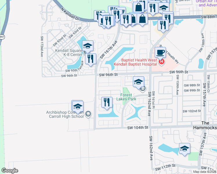 map of restaurants, bars, coffee shops, grocery stores, and more near 16511 Southwest 97th Street in Miami