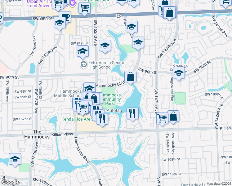 map of restaurants, bars, coffee shops, grocery stores, and more near 9731 Hammocks Boulevard in Miami