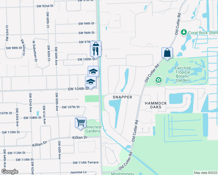 map of restaurants, bars, coffee shops, grocery stores, and more near 10345 Coral Creek Road in Coral Gables
