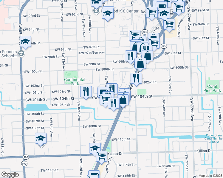 map of restaurants, bars, coffee shops, grocery stores, and more near 7843 Southwest 102nd Lane in Miami