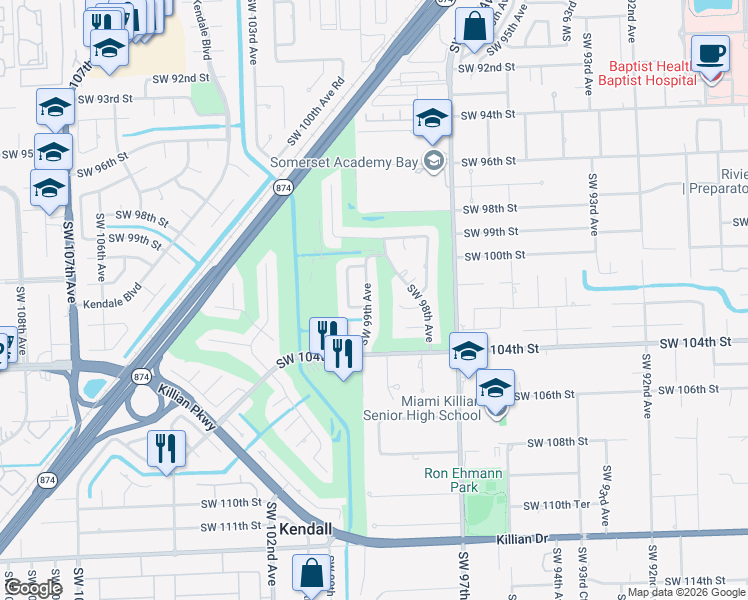 map of restaurants, bars, coffee shops, grocery stores, and more near 10141 Southwest 99th Avenue in Miami