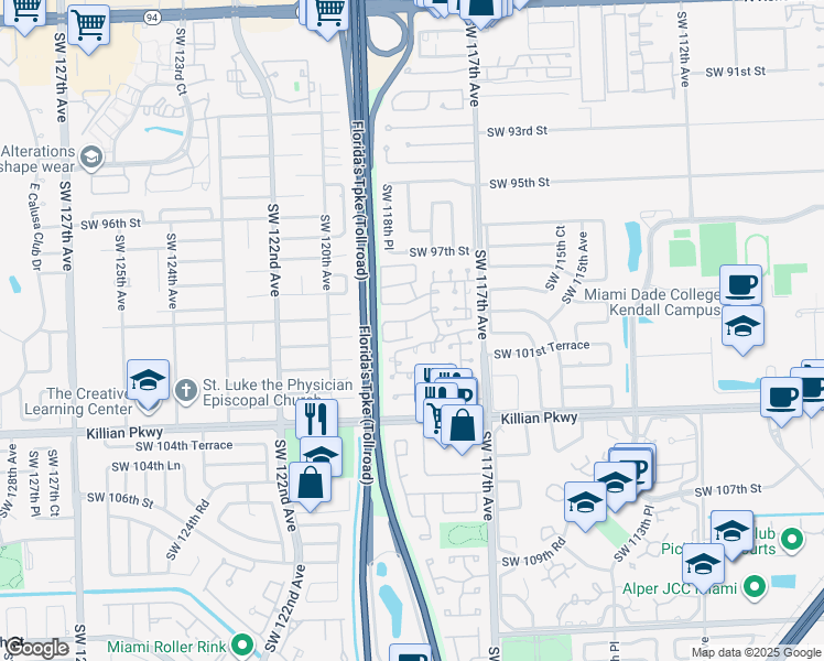 map of restaurants, bars, coffee shops, grocery stores, and more near 11807 Southwest 99th Lane in Miami