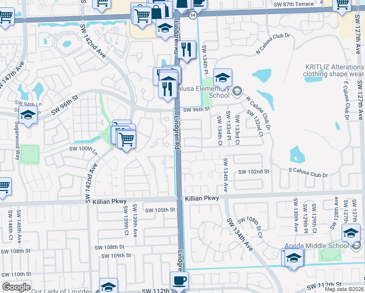 map of restaurants, bars, coffee shops, grocery stores, and more near 9900 Southwest 136th Court in Miami