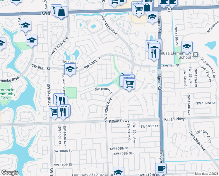 map of restaurants, bars, coffee shops, grocery stores, and more near 14332 Southwest 98th Terrace in Miami