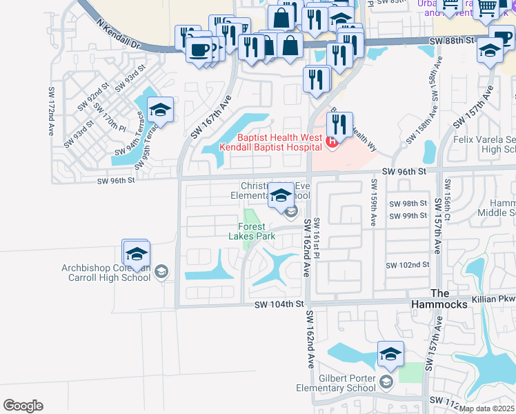 map of restaurants, bars, coffee shops, grocery stores, and more near 16314 Southwest 97th Street in Miami