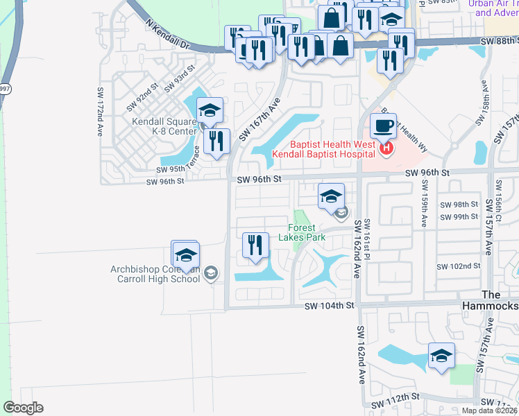map of restaurants, bars, coffee shops, grocery stores, and more near 16511 Southwest 97th Street in Miami