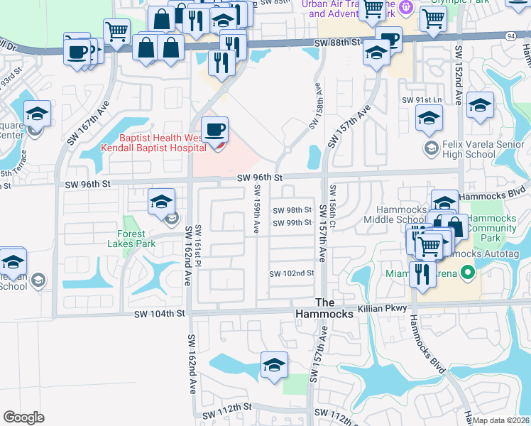 map of restaurants, bars, coffee shops, grocery stores, and more near 15830 Southwest 97th Terrace in Miami