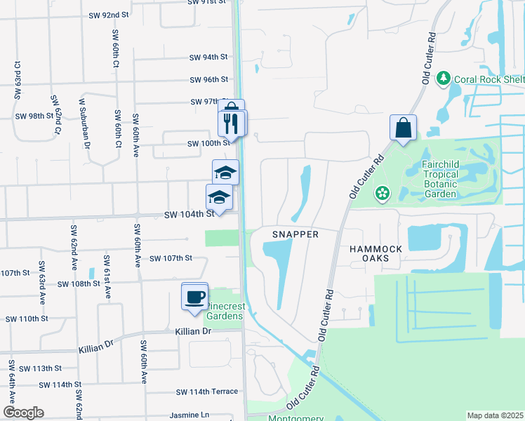map of restaurants, bars, coffee shops, grocery stores, and more near 10345 Coral Creek Road in Coral Gables