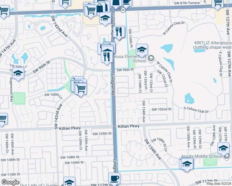 map of restaurants, bars, coffee shops, grocery stores, and more near 9900 Southwest 136th Court in Miami