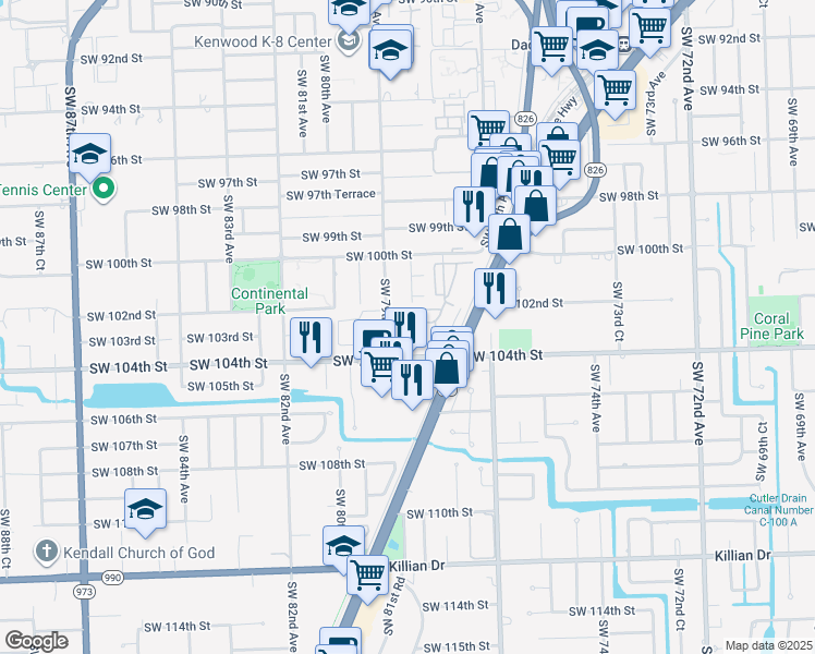 map of restaurants, bars, coffee shops, grocery stores, and more near 7864 Southwest 102nd Lane in Miami