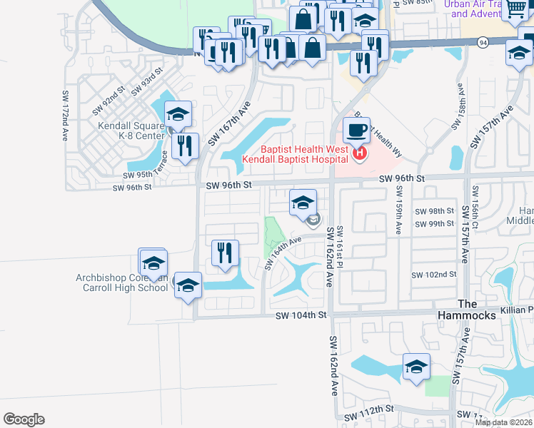 map of restaurants, bars, coffee shops, grocery stores, and more near 9750 Southwest 164th Avenue in Miami