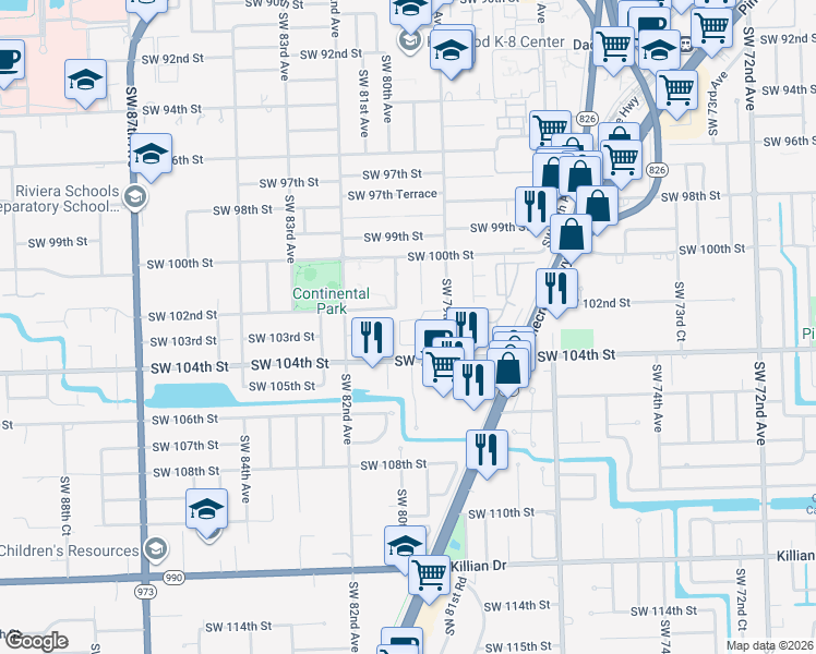 map of restaurants, bars, coffee shops, grocery stores, and more near 8004 Southwest 102nd Street in Miami