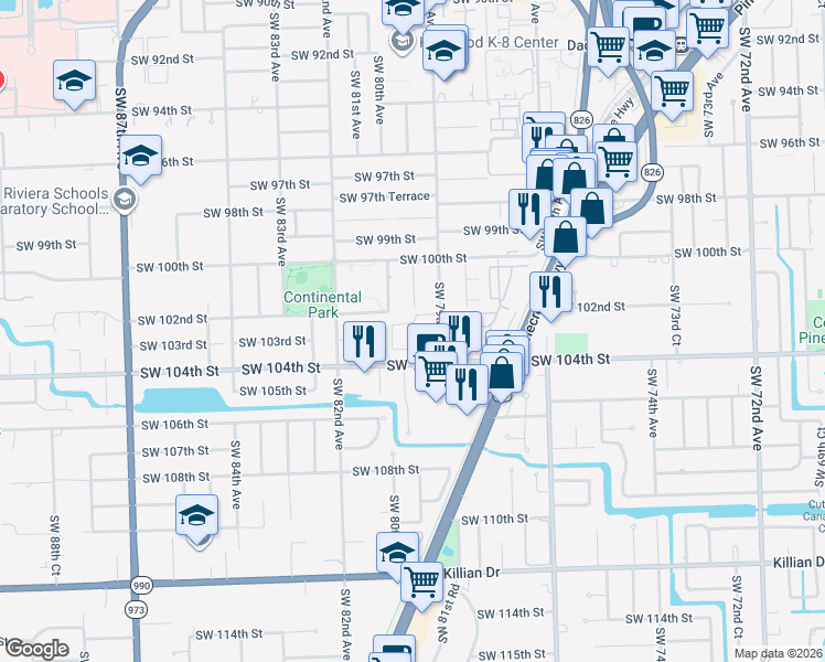 map of restaurants, bars, coffee shops, grocery stores, and more near 7921 Southwest 104th Street in Miami