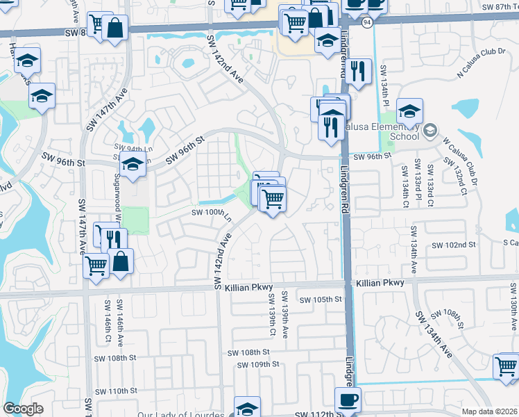 map of restaurants, bars, coffee shops, grocery stores, and more near 9900 Southwest 142nd Avenue in Miami