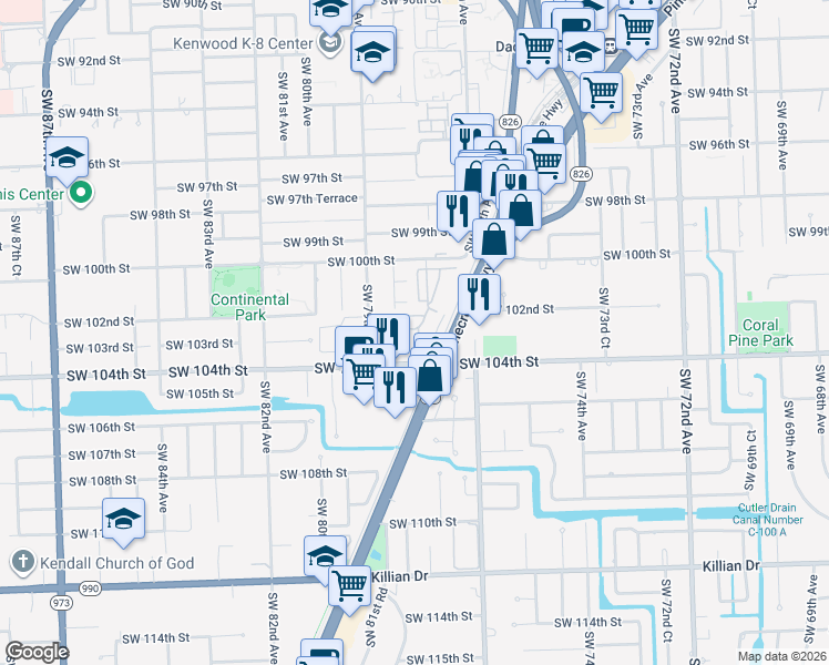 map of restaurants, bars, coffee shops, grocery stores, and more near 10231 Southwest 77th Court in Miami