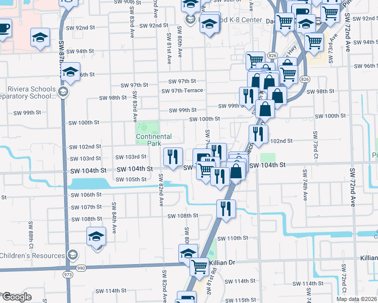 map of restaurants, bars, coffee shops, grocery stores, and more near 8004 Southwest 102nd Street in Miami