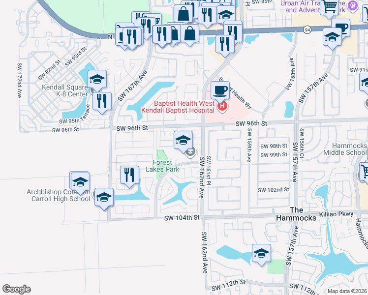 map of restaurants, bars, coffee shops, grocery stores, and more near 16256 Southwest 97th Street in Miami