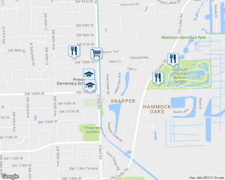 map of restaurants, bars, coffee shops, grocery stores, and more near 10345 Coral Creek Road in Coral Gables