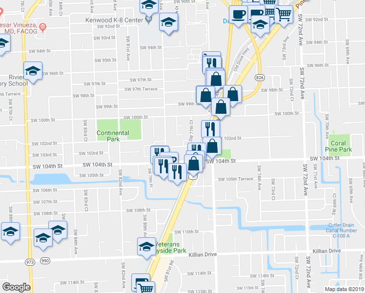map of restaurants, bars, coffee shops, grocery stores, and more near 7843 Southwest 102nd Lane in Miami