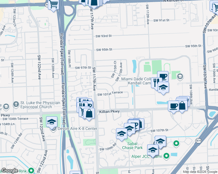 map of restaurants, bars, coffee shops, grocery stores, and more near 11511 Southwest 100th Street in Miami