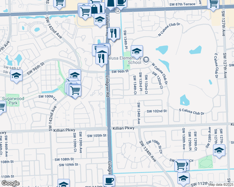 map of restaurants, bars, coffee shops, grocery stores, and more near 13560 Southwest 99th Street in Miami